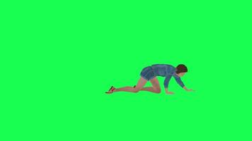 3d animado niña en pantalones gateando izquierda ángulo verde pantalla video