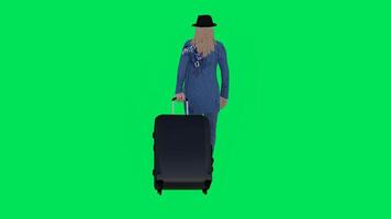 kvinna turist gående med bagage i hand från tillbaka vinkel video