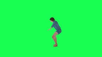 3d animado niña en pantalones contando Derecha ángulo verde pantalla video