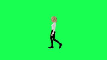 3d blond meisje in wit jurk en zwart broek wandelen geïsoleerd Aan groen video