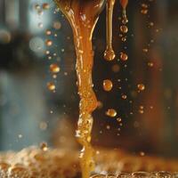 AI generated Macro shot of golden, viscous honey dripping and forming bubbles, highlighted by warm, reflective lighting. photo