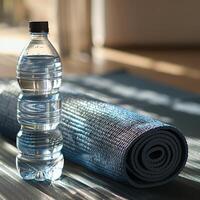 AI generated A refreshing bottle of water stands next to a rolled yoga mat, awaiting an invigorating workout in a sunny fitness studio. photo