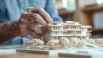 AI generated Close-up of an experienced architect's hands meticulously adjusting a detailed architectural model of a modern building. photo