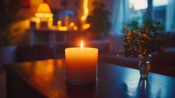 AI generated Warm candlelight casts a soothing glow on a wooden table, enhancing the cozy ambiance of an evening indoor setting. photo