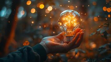 AI generated A hand cradles a lightbulb that glows with a warm, incandescent light amidst a bokeh of twinkling lights in a forest setting. photo