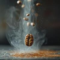 AI generated Dynamic image capturing the levitation of a roasted coffee bean surrounded by steam and scattered grounds. photo