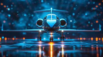 AI generated A luxury private jet poised on a reflective runway, surrounded by vibrant neon lights, ready to ascend into the night sky. photo