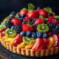 AI generated Sumptuous fruit tart with a bright array of strawberries, raspberries, blackberries, and kiwi slices. photo