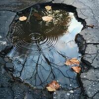 AI generated Ripples spread in a water puddle reflecting trees, on a cracked asphalt surface with scattered leaves. photo