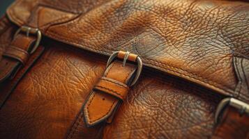 AI generated This image captures the fine details and rich texture of a leather bag, focusing on the buckle that adds character to its vintage design. photo