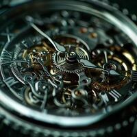 AI generated Macro photo capturing the complex inner workings of a watch mechanism with precision gears and springs, epitomizing fine craftsmanship.