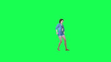 3d animado niña en pantalones descanso bailando izquierda ángulo verde pantalla video