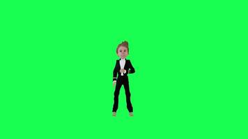 3d young boy in formal dresses drinking water, front angle chroma key green video