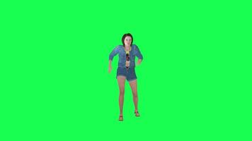 3d bellissimo ragazza nel jeans telling un' segreto davanti angolo verde schermo video