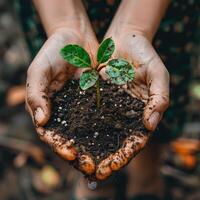 AI generated Cupped hands holding fertile soil nurturing a young sprouting plant, symbolizing care, growth, and environmental responsibility. photo