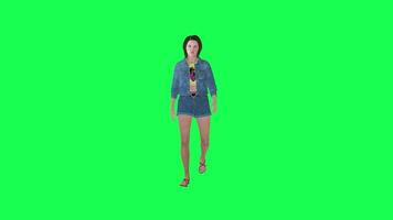 3D woman in jeans walking in street front angle green screen video