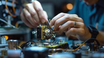 AI generated Focused technician with expert hands assembling intricate electronic parts on a circuit board, depicting high precision and skill. photo