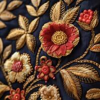 AI generated Macro view of intricate embroidery work featuring golden flowers and leaves on a dark blue fabric, showcasing textile artistry. photo