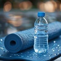 AI generated A peaceful setting by the water features a yoga mat and a bottle of water, highlighting the importance of hydration during exercise. photo