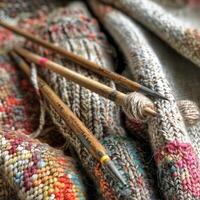 AI generated A selective focus shot of a knitting project in progress featuring wooden needles and multicolored wool. photo