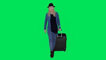 un hembra invitado caminando con un maleta en su mano desde un ángulo video