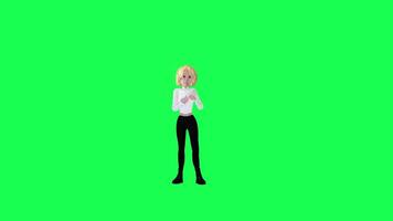 3d rubia niña en blanco vestir haciendo un teléfono llamada , frente ángulo, verde pantalla video