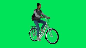 A teenage girl riding a bicycle from a three cornered angle video