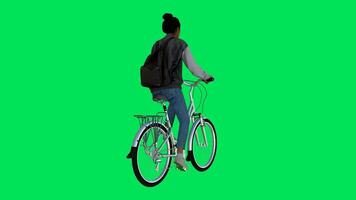 A teenage girl riding a bicycle from a three cornered angle video