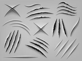 Realistic claw scratch. Paper cut and scratch animal claw, rough holes in flat surface, fabric or paper. Animal paw marks vector illustrations