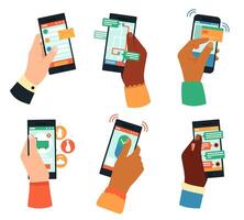 Hands holding smartphones. Social networking, mobile app, or communication concept. Male and female hands with gadgets vector illustrations