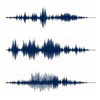 Seismograph chart. Seismic activity diagram, radio frequency waves and oscilloscope waveform graph vector set. Earthquake curve on paper tape. Lie detector concept. Soundwave, vibrations amplitude