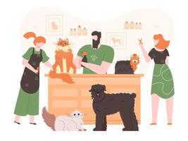 mascotas en aseo salón. Doméstico perros y gatos en Saco cuidado salón, personas aseo, Lavado y corte mascotas piel vistoso vector ilustración. perro peluqueros plano caracteres. animal peinado salón