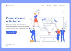 Conversion rate optimization. Sales funnel strategy, SEO optimization and sales statistical tests. Marketing service vector illustration. Social media promotion business landing page template