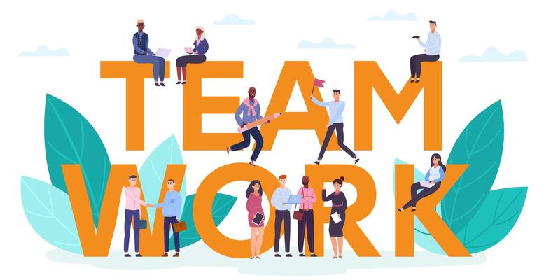 Teamwork motivation concept. Creative business successful team working together, teamwork cooperation lettering concept vector illustration
