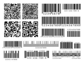 Product barcodes. Industrial barcode, qr code and scan bar label. Inventory badge codes, supermarket scanning sign vector set. Identification code for merchandise, product ID tags illustrations pack