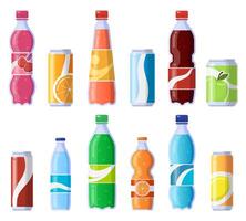 Soft drink cans and bottles. Soda bottled drinks, soft fizzy canned drinks, soda and juice beverages isolated vector illustration icons set