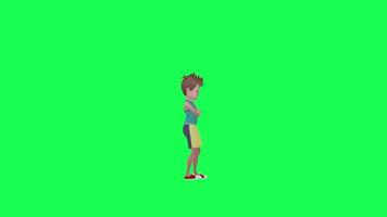 3d tekenfilm tiener- jongen in sport- kleren aan het wachten boos, links hoek groen video