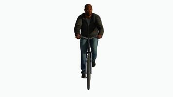 Middle aged African man riding a bicycle from a head on angle on a white screen video