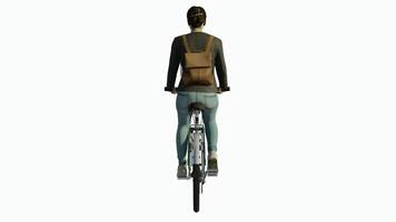 Neat and orderly woman riding a bicycle from the back angle on a white screen on video