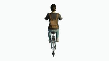 Neat and orderly woman riding a bicycle from the back and top angle on a white video