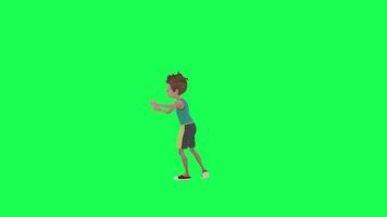 3d animated teenage boy in sports clothes fishing, right angle green background video