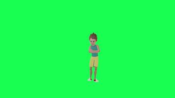 3d teenage boy in sports clothes waiting angrily, front angle green background video