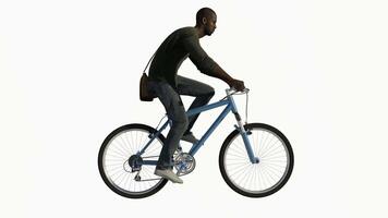 africano hombre montando un bicicleta desde lado ángulo en un blanco pantalla video