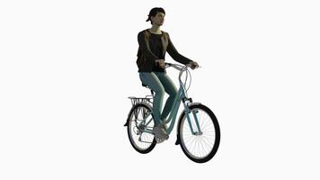 Neat and orderly woman riding a bicycle from the back angle on a white screen video