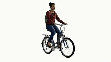 a jovem menina quem passeios uma bicicleta a partir de a ângulo do três cantos em uma branco video