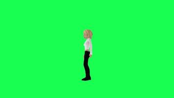 3d Animated girl in white dress and black pants being surprised right angle video