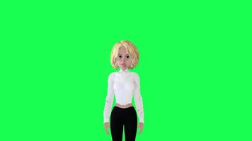 3d blond fille dans blanc robe et noir un pantalon parlant de face angle vert écran video