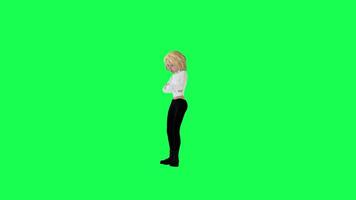 3d blond meisje in wit jurk en zwart broek aan het wachten boos, Rechtsaf hoek, groen video
