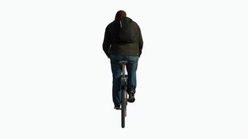 Middle aged African man riding a bicycle from the back and high angle on a white video