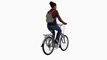 Neat and orderly woman who rides a bicycle from a three cornered angle on a video